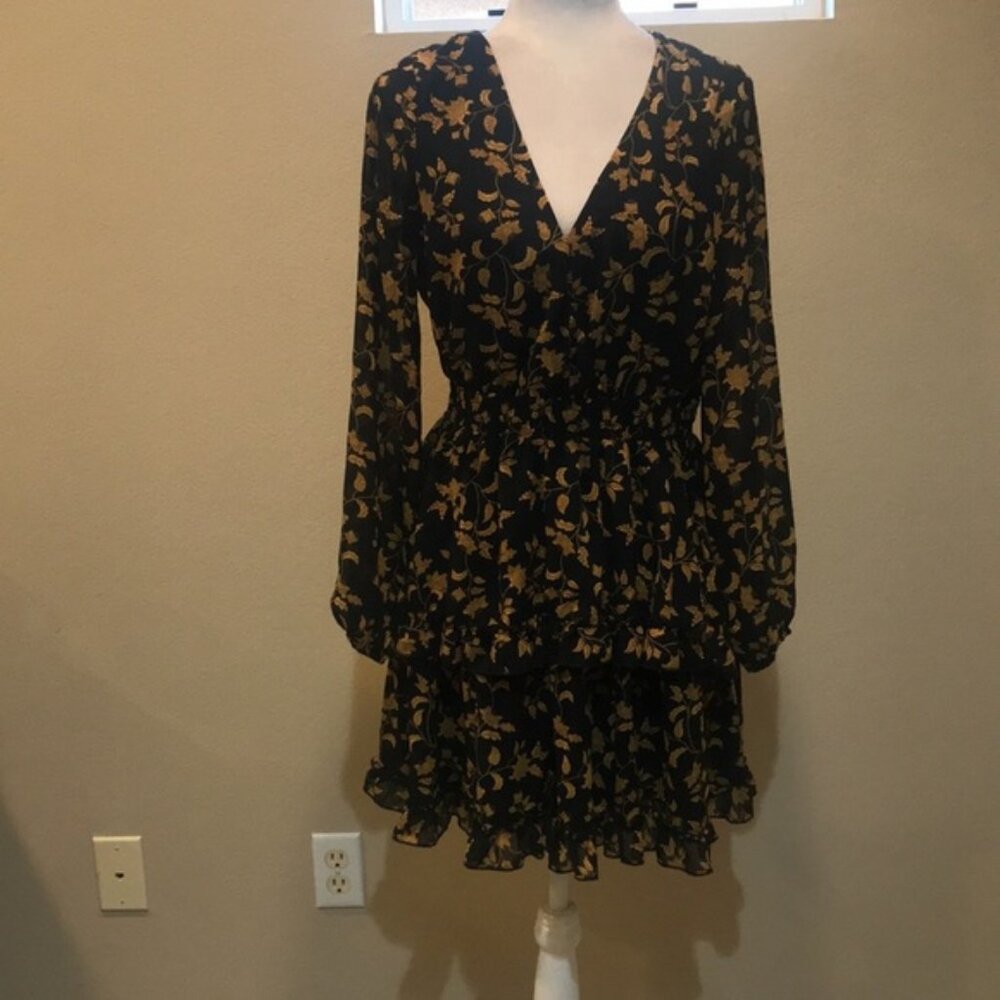 Black & Gold Floral Long Puffed Sleeve Dress Elastic Waist Layered Ruffle Hem-L
